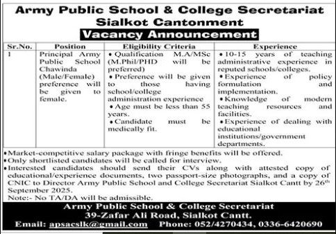 Army Public School Jobs October 2025 in Sialkot