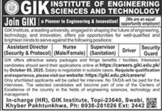 Latest GIK Institute and Technology Jobs in Swabi October 2025