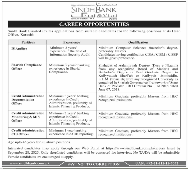 Sindh Bank Limited Karachi Jobs October 2025