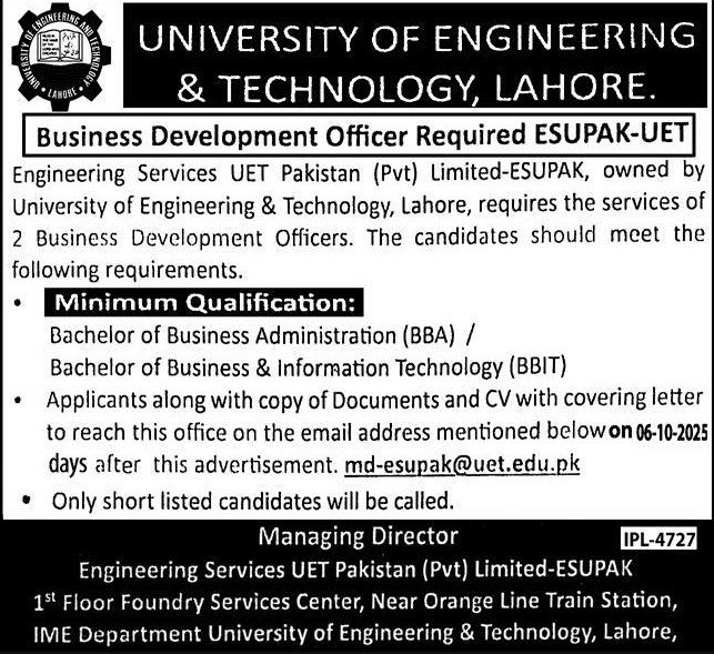 University of Engineering and Technology Lahore Jobs October 2025